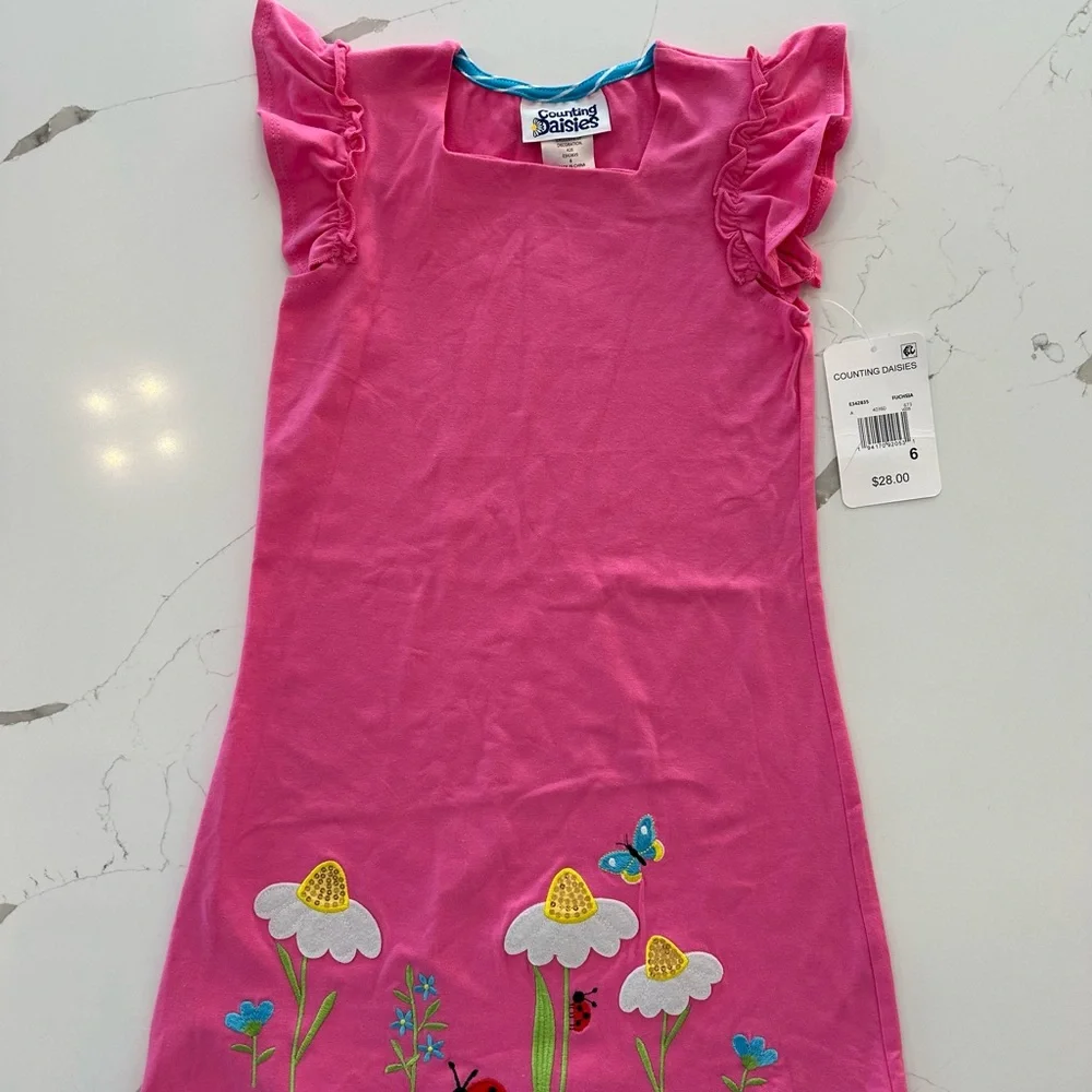 Counting Daisies Pink Flutter Sleeve Dress – Sz 6 Ladybug & Flower - Picture 5 of 6